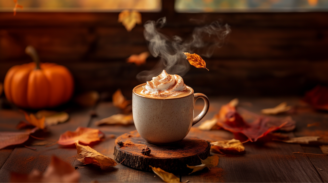Pumpkin spice latte with steam swirling and autumn leaves in the background, cozy fall wallpaper for phones