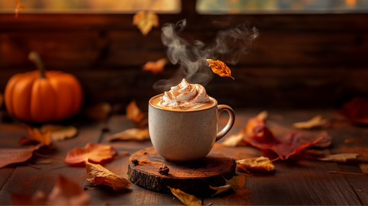 Pumpkin spice latte with steam swirling and autumn leaves in the background, cozy fall wallpaper for phones