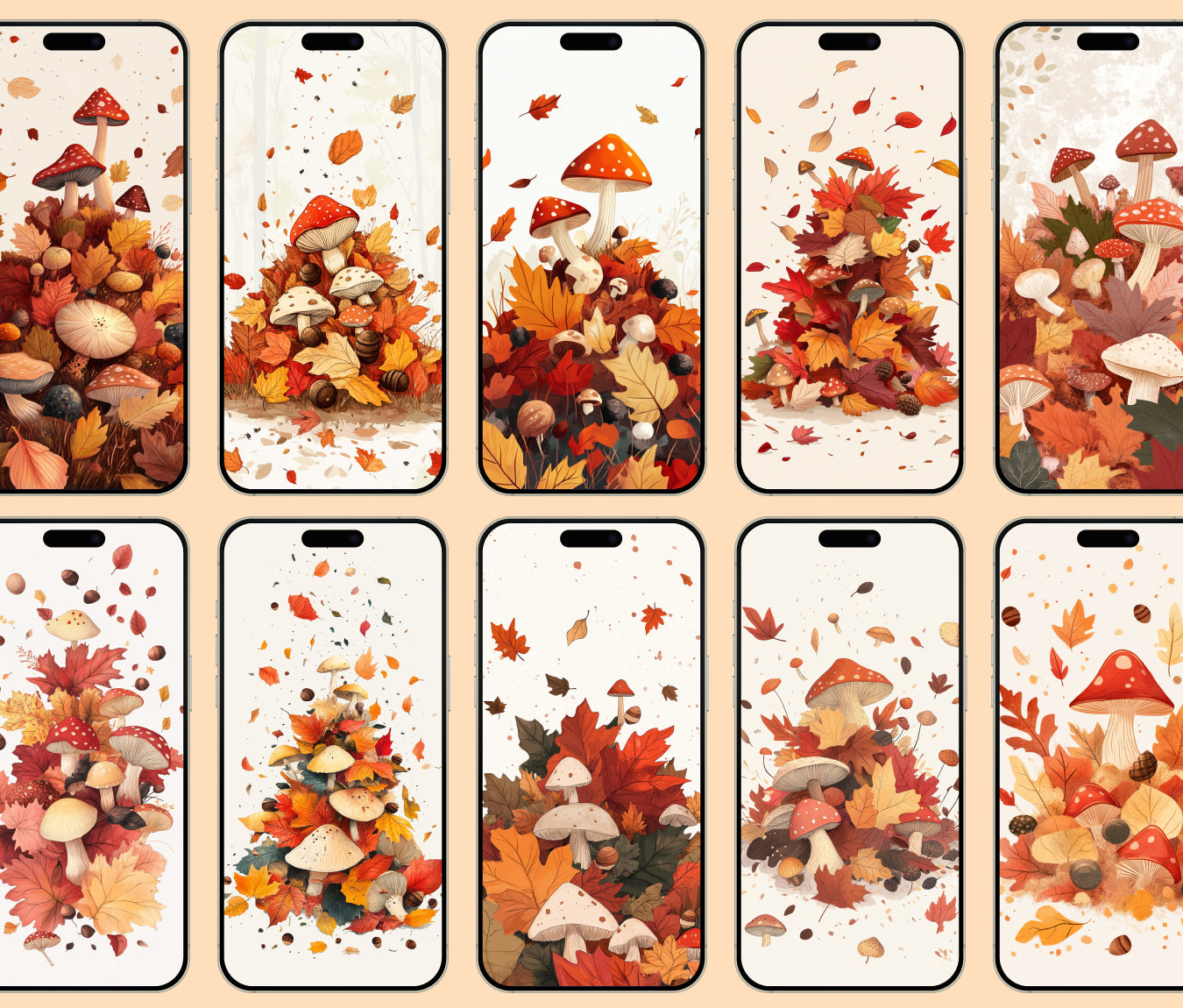 Leaf Pile Fun Wallpaper – Fall Leaves & Mushrooms Aesthetic for iPhone