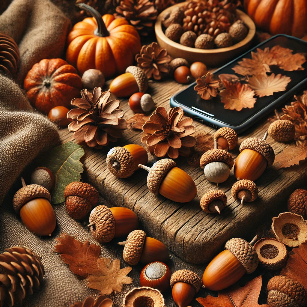 Cozy fall wallpaper featuring acorns and pinecones scattered on a forest floor with warm autumn colors like brown, orange, and yellow. Perfect for aesthetic HD mobile backgrounds for iPhone and Android, highlighting natural fall elements