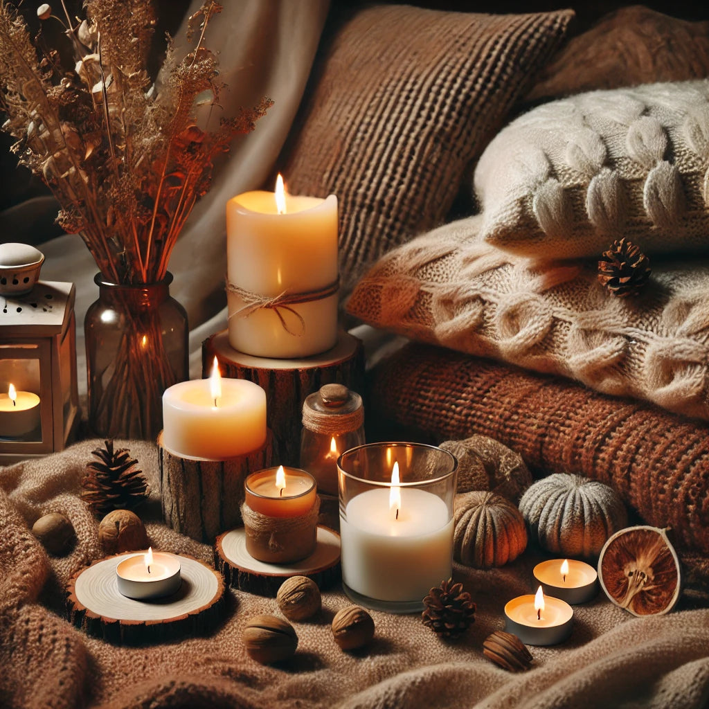 Cozy hygge wallpaper featuring flickering candles, soft blankets, and warm, earthy tones. Perfect for HD mobile backgrounds, creating a calming, relaxing atmosphere with candlelight and cozy textures in a warm autumn setting