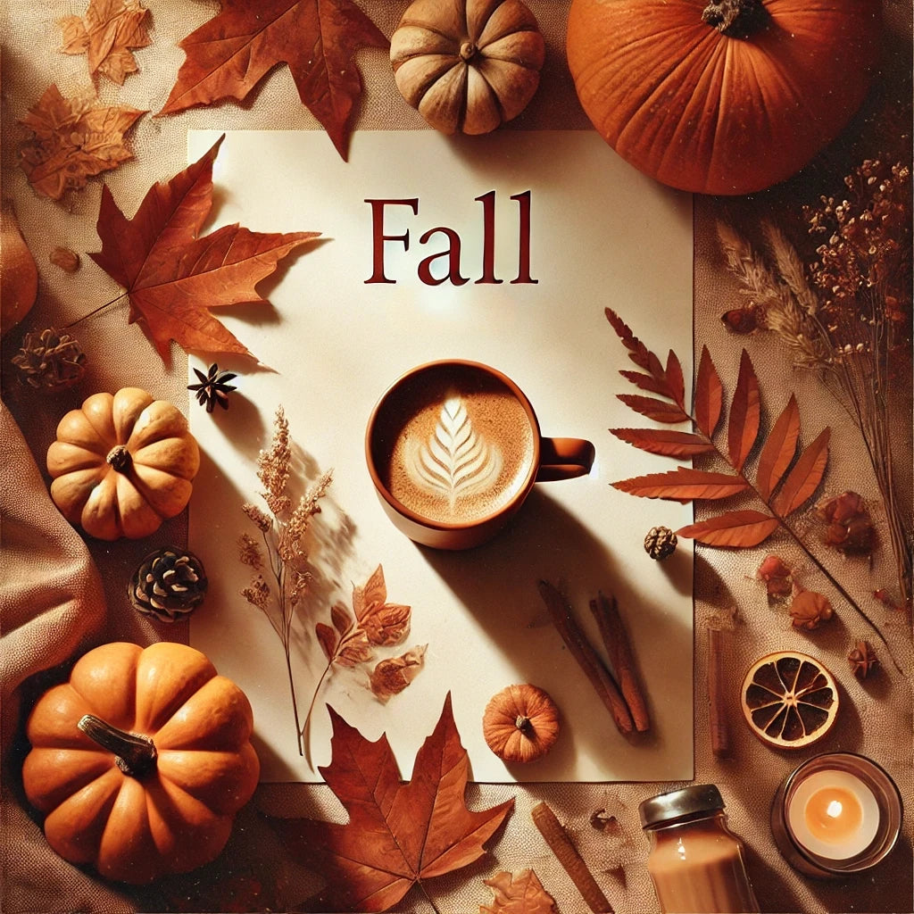 Cozy fall aesthetic wallpaper with autumn leaves, pumpkins, and warm tones like orange and brown. A nature scene featuring a pumpkin spice latte, perfect for HD mobile backgrounds for iPhone Samsung or mobile phones