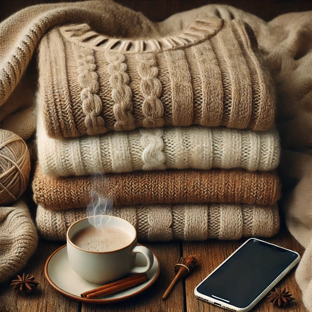 Cozy autumn wallpaper with folded sweaters, a steaming cup of coffee, and an iPhone displaying a fall wallpaper featuring autumn leaves and pumpkins. Perfect for HD mobile backgrounds, capturing warm and cozy fall vibes