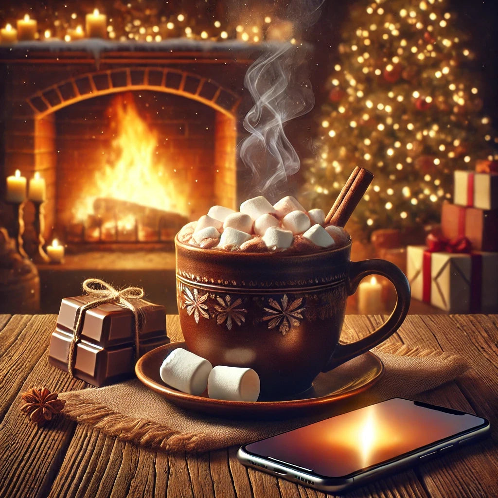 Cozy winter wallpaper featuring a steaming mug of hot cocoa topped with marshmallows by a crackling fireplace. Warm, earthy tones create a comforting and inviting atmosphere, perfect for HD mobile backgrounds