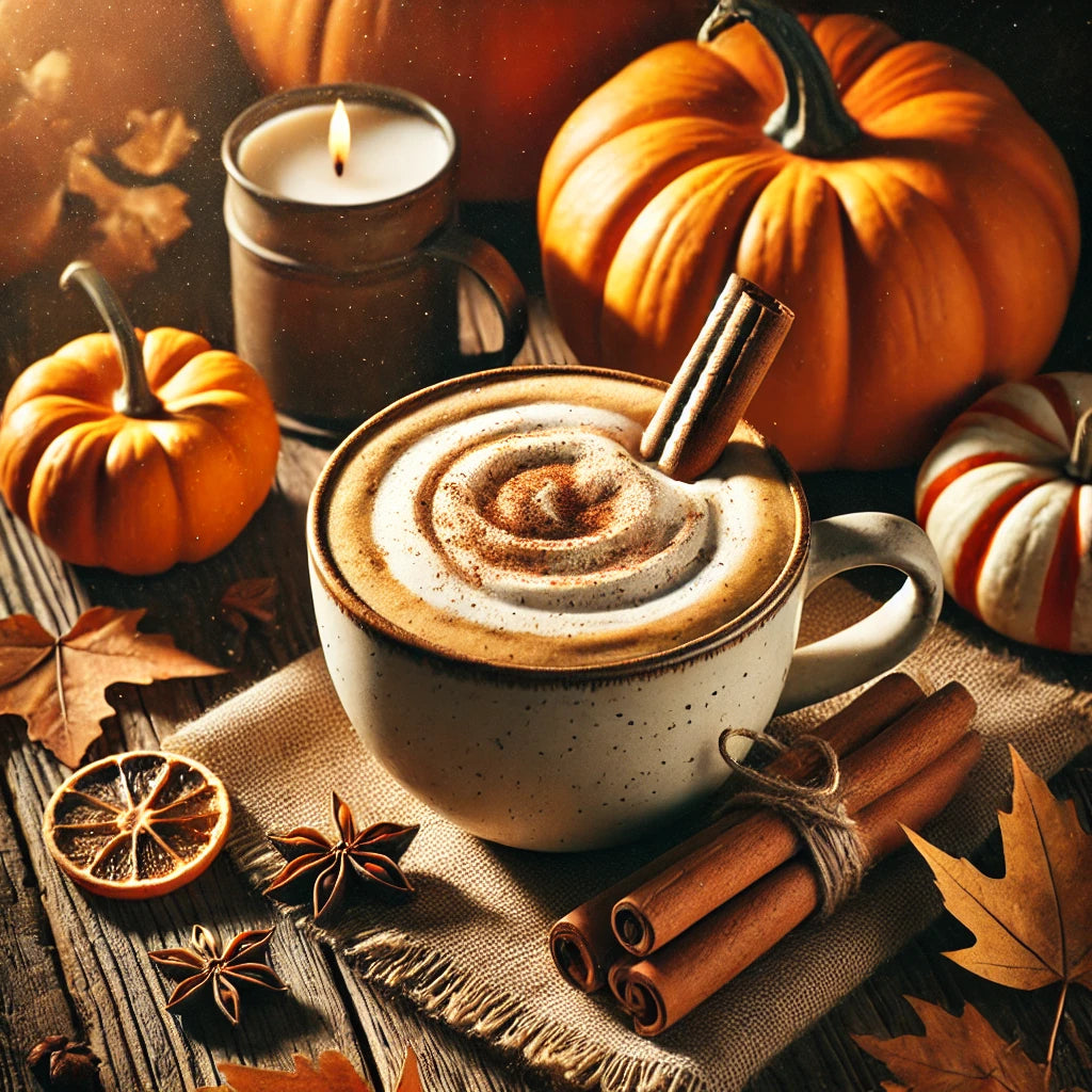 Cozy fall wallpaper featuring a steaming pumpkin spice latte with cinnamon sticks, surrounded by pumpkins and autumn leaves. Warm, earthy tones evoke the comfort of autumn, perfect for HD mobile backgrounds