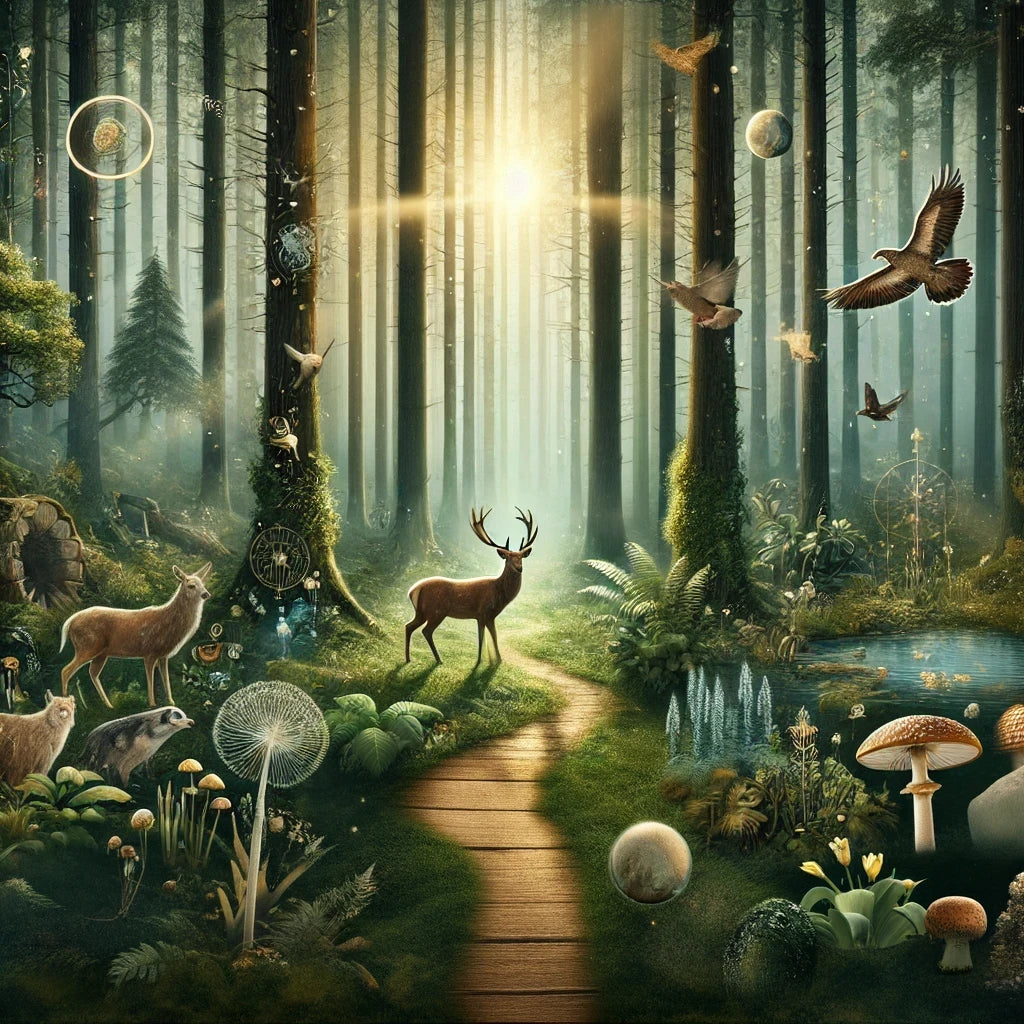 forest wallpaper featuring tall trees, mystical fog, forest animals like deer and birds, and a serene woodland path. Perfect for HD mobile backgrounds for iPhone and Android, evoking a calming and magical nature atmosphere