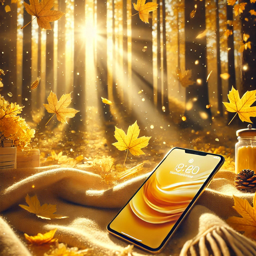 Cozy autumn wallpaper featuring golden falling leaves with warm sunlight filtering through trees. Perfect for HD mobile backgrounds on iPhone and Android, capturing the peaceful essence of fall with golden hues and natural beauty