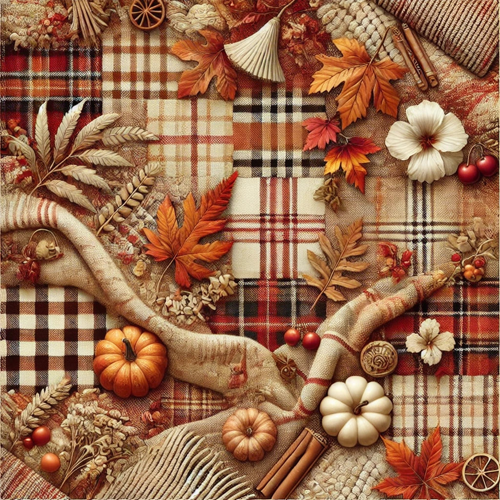 Cozy autumn wallpaper featuring traditional plaid patterns in warm fall colors like red, orange, brown, and cream. Perfect for HD mobile backgrounds, evoking the warmth and comfort of fall fashion and decor