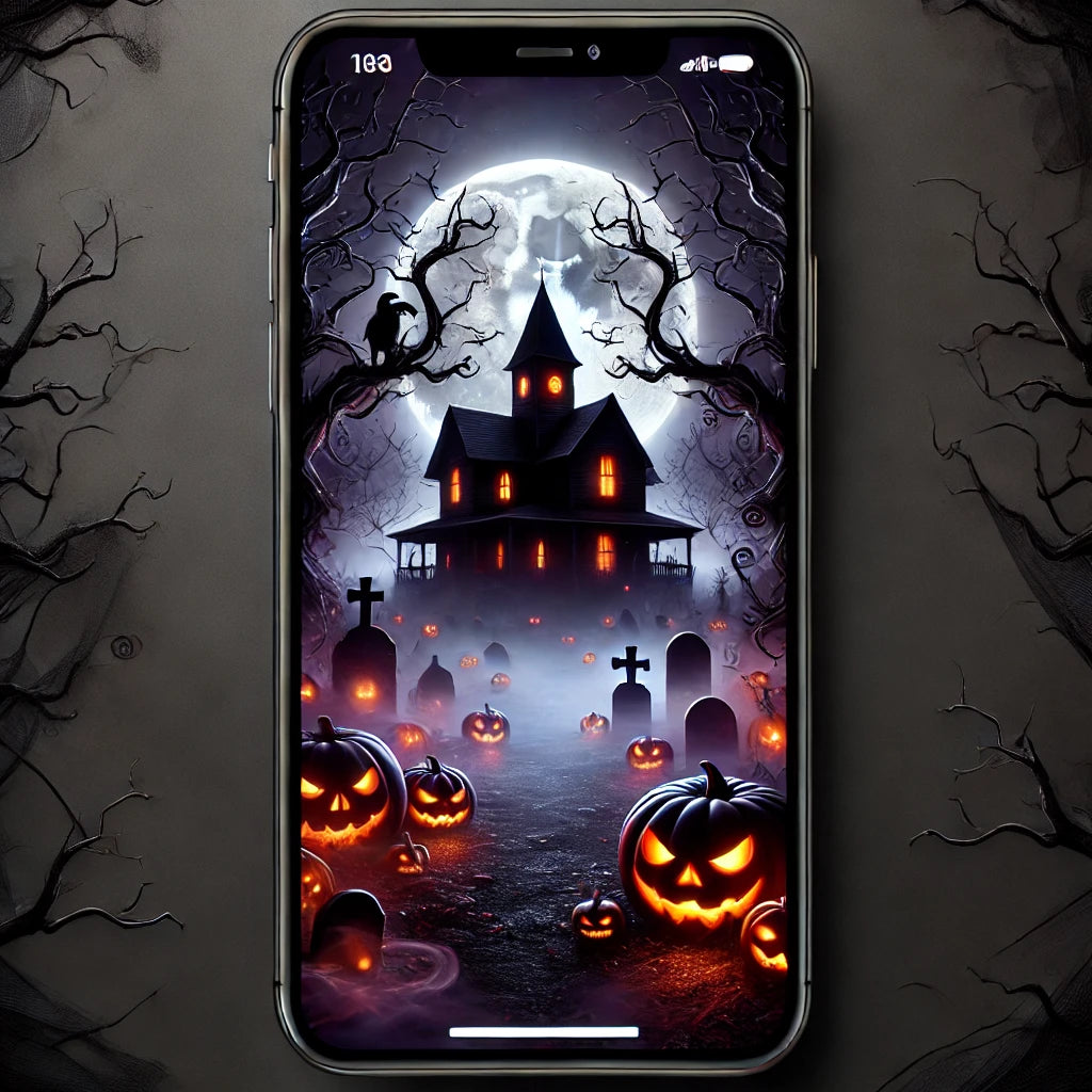 Realistic Halloween wallpaper with a haunted house, glowing jack-o'-lanterns, dark trees, and a foggy graveyard under a full moon. Perfect for HD mobile backgrounds for iPhone and Android, capturing the spooky essence of Halloween