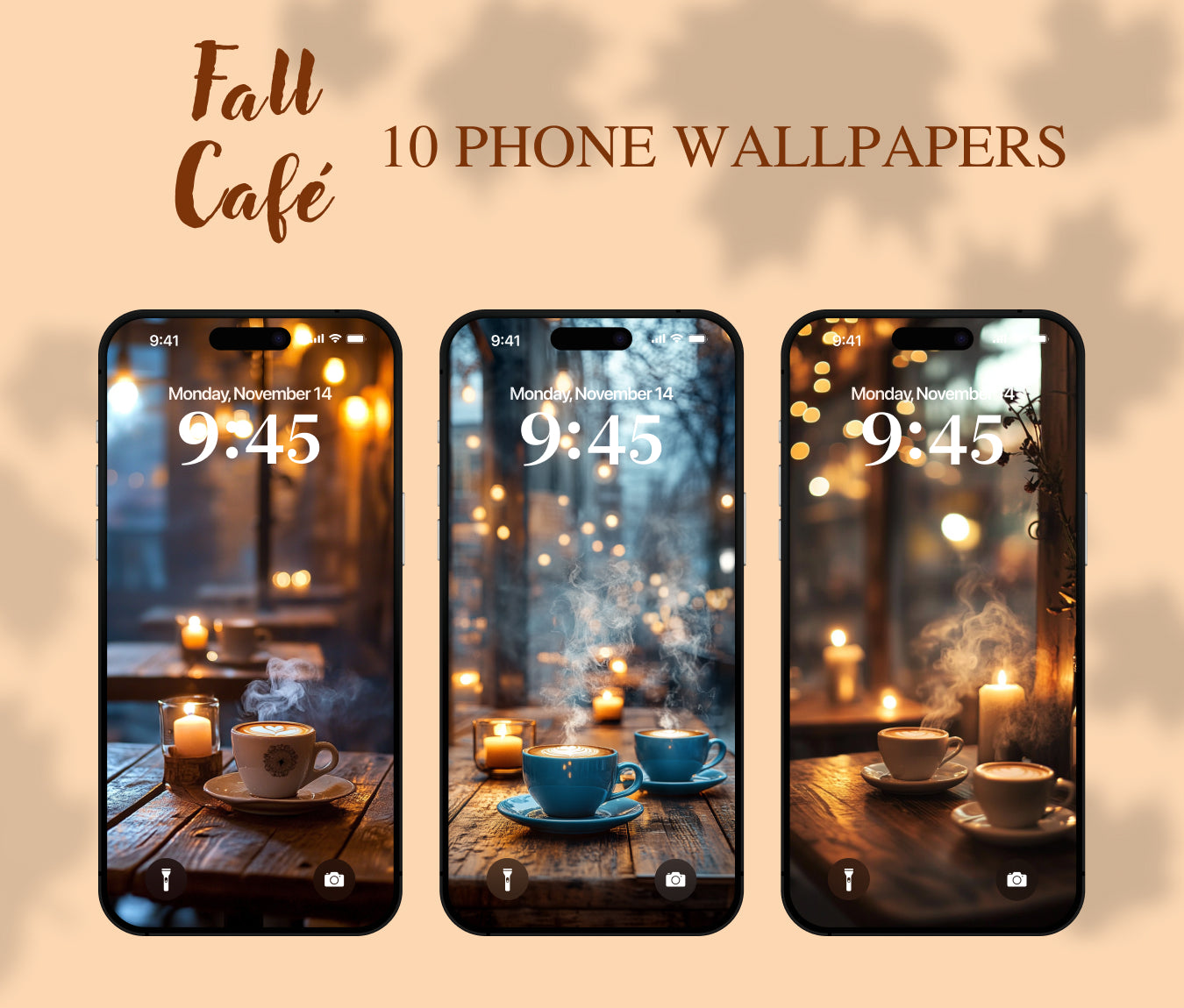 Pumpkin Spice Autumn Café Fall Wallpaper - Cozy Café Scene with Steaming Lattes for iPhone and Android