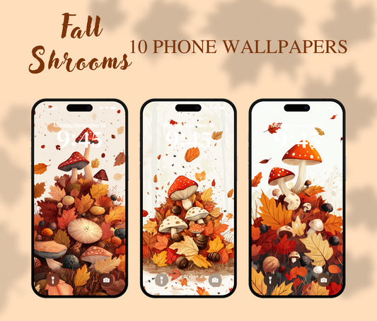 Leaf Pile Fun Wallpaper – Fall Leaves & Mushrooms Aesthetic for iPhone