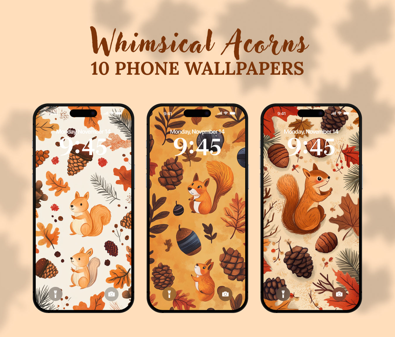 Whimsical Forest Acorns Wallpaper – Fall Hand-Drawn iPhone Aesthetic